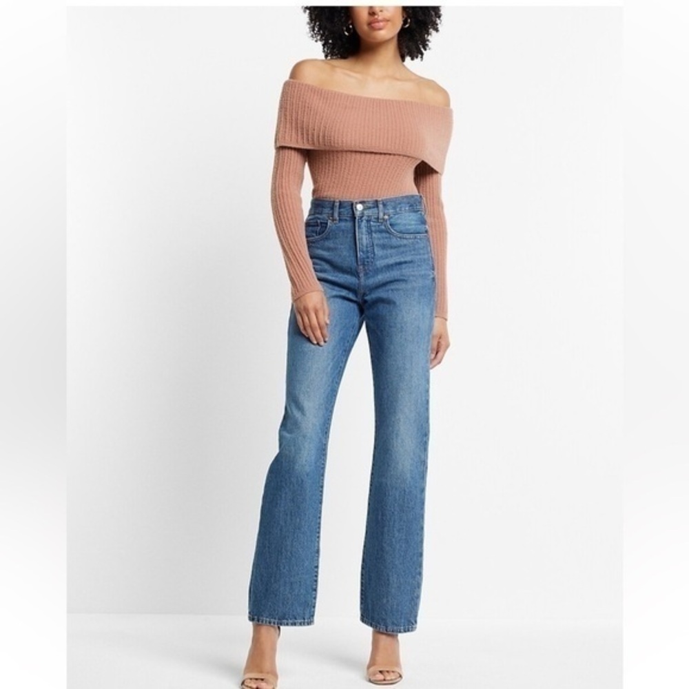 Express ribbed fitted off the shoulder overlay sweater